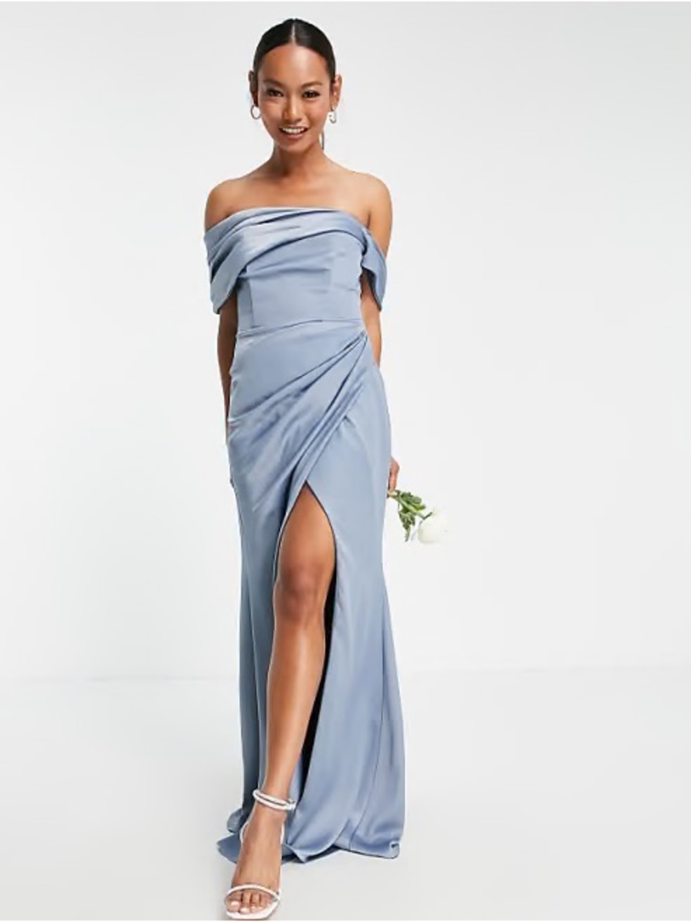 ASOS One-Shoulder Slate Blue Satin Gown with Thigh Split